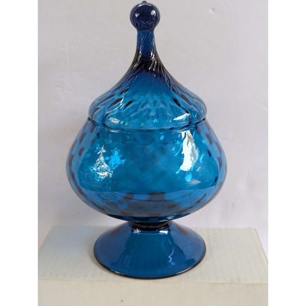 Vintage Empoli Circus Tent Italy 9 inch Blue Glass Optic Apothecary Jar W/ Lid